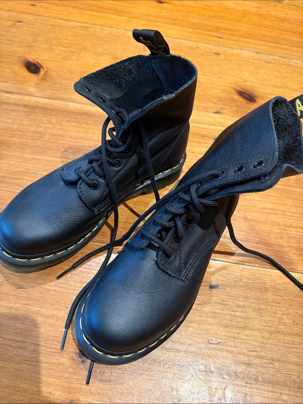 Doc Martens Black Lace-Up Leather Boots with Yellow Stitching - never worn
